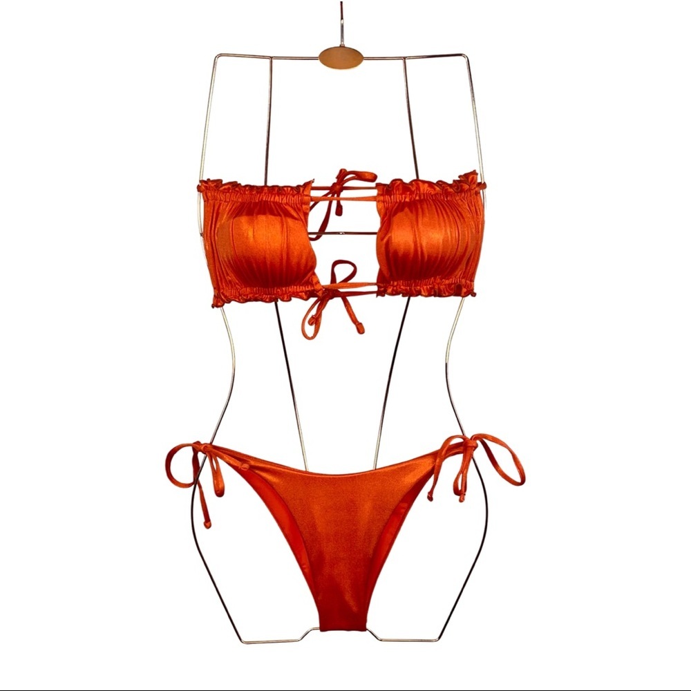 Strapless bandeau bikini top & bottom orange gold shimmer Brazillian swimwear
